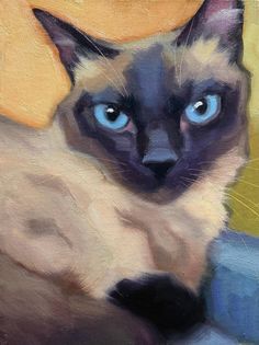 a painting of a siamese cat with blue eyes looking at the camera while sitting down