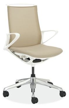 an office chair with wheels on the back and seat upholstered in white leather