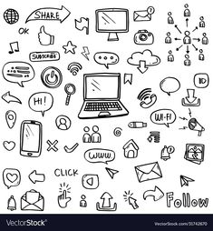 hand drawn social media icons set on white background