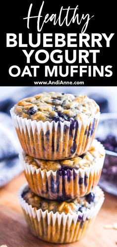 three blueberry yogurt oat muffins stacked on top of each other