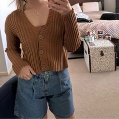 Slightly Cropped, American Eagle Never Worn Casual Button-up Sweater For Day Out, Cozy Brown Buttoned Sweater, Trendy Brown Button-up Cardigan, Brown Button-up Cardigan, Ribbed V-neck Brown Cardigan, Brown Knit Button-up Cardigan, Brown Sweater, Colorful Sweaters, American Eagle Outfitters