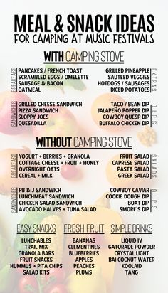 a poster with some food on it that says meal and snack ideas for camping at music festivals