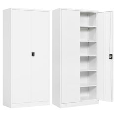 two white cupboards side by side, one open and the other closed