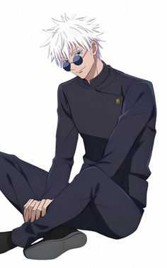 an anime character sitting on the ground with his legs crossed and white hair in front of him