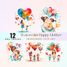 watercolor happy mother clipart set with balloons, stars and heart shapes for mothers day