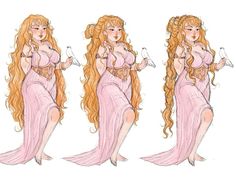 three different views of a woman with long red hair and pink dress holding two wine glasses