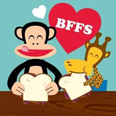 a monkey and giraffe holding bread with the words b f s on it