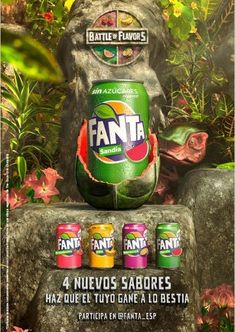 an advertisement for fanta beer in front of some rocks and flowers with the word fanta on it