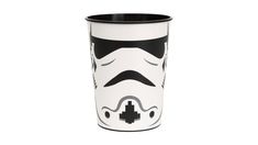 a white and black cup with a storm trooper face on it