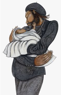 a drawing of a man holding a baby in his arms and wearing a black hat