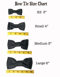 bow ties size chart with measurements for each one and the other four pieces are shown