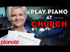 an image of a woman holding papers in front of her face with the words play piano at church