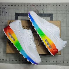 Nike Air Max 90 Pride Rainbow Custom. Brand New. Next Day Shipping. Rainbow Nikes, Nike Airmax 90, 90 Women, Sneaker Ideas, Air Max 90 Women, Custom Nike Shoes, Custom Nike, Shoes Nike Air, Pride Rainbow