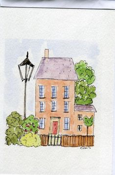 watercolor and ink drawing of a house with a lamp post in the foreground