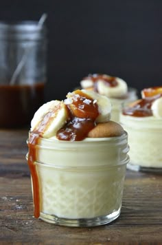 three different shots of desserts in small jars