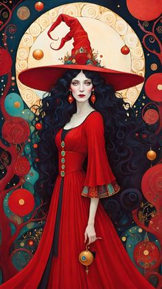 a painting of a woman in a red dress with a large hat on her head