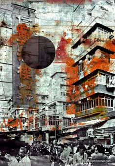 an abstract painting of buildings and people walking in the street with orange paint on them