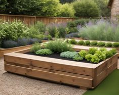 an outdoor garden with various types of vegetables and plants in the center, including lettuce