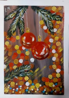 a painting of christmas ornaments hanging from a tree