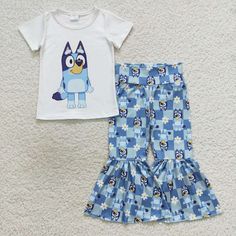 milk silk ready to ship and no moq Bell Bottom Pants Outfit, Floral Pants Outfit, Bell Bottoms Outfit, Blue Cartoon, Bell Pants, Overall Outfit, Baby Skirt, Kids Boutique Clothing, Blue Dog