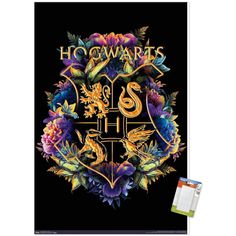 the hogwarts crest is shown in this cross stitch pattern, with flowers and leaves