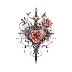 a heart shaped tattoo with flowers on the side and a dagger in the middle,