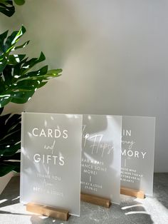 three cards and gifts sitting next to a potted plant