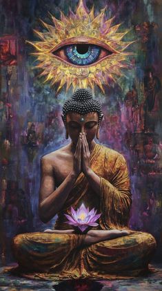 a painting of a buddha meditating with an all seeing eye above his head and lotus in front of him