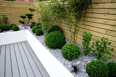 an outdoor garden with wooden fence and green plants on the side of the wall,