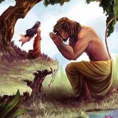 a man kneeling down next to a tree with a bird flying over him and another person standing near the water