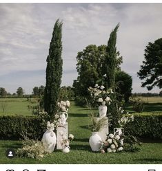 two white vases sitting in the middle of a lush green field