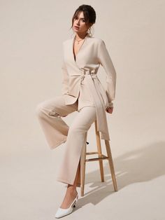 Stylish Side Knot Light Jacket With Wide Leg Trouser Two-Pieces Matching Set Champagne Elegant  Long Sleeve Woven Fabric Plain  Non-Stretch  Women Clothing, size features are:Bust: ,Length: ,Sleeve Length: Light Jacket, Two Piece Outfit, Matching Sets, Two Pieces, All Fashion, Women Clothing, Length Sleeve, Champagne, Latest Trends