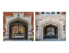 two pictures of an old building with wrought iron doors and brick walls, one showing the entrance