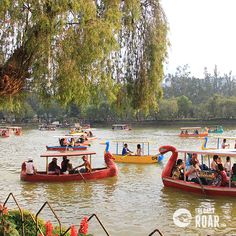 several boats with people in them floating on the water