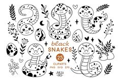 black and white snake cliparts with flowers, leaves and stars in the background