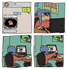 comic strip with woman sitting in front of computer