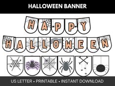 a happy halloween banner with spider webs and bats