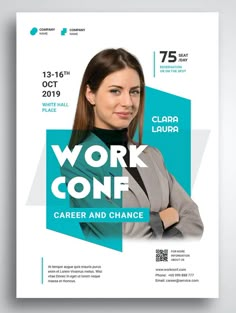 a flyer for a work conference with an image of a woman in business attire on it