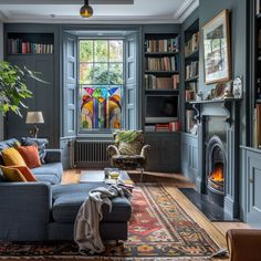 a living room filled with furniture and a fire place in the middle of it's walls