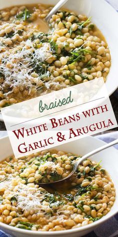 white beans with garlic and arugula in a bowl