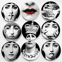 six buttons with different images of women's faces and their mouths, all in black and white