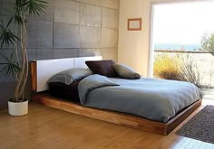 a bed sitting on top of a hard wood floor next to a tall potted plant