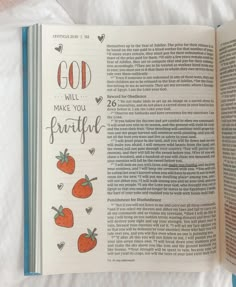 an open bible with the words god will make you fruitful written in cursive writing