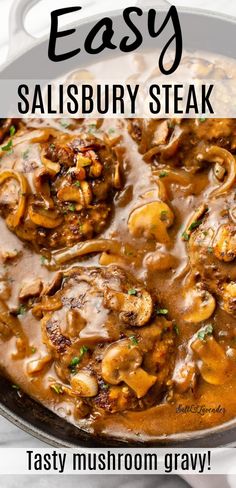 a skillet with mushrooms and gravy in it