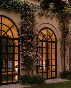 an outside view of a building with many windows and plants growing on the side of it