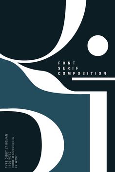 the front cover of font serif composition composition, with white and black shapes on a blue background