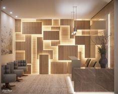 a living room filled with lots of furniture next to a wall covered in wooden blocks