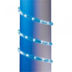 a blue and white cylindrical object with lights on the bottom, in front of a white background