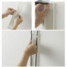 four pictures of the same person holding something in their hand and using it to fix an electrical outlet