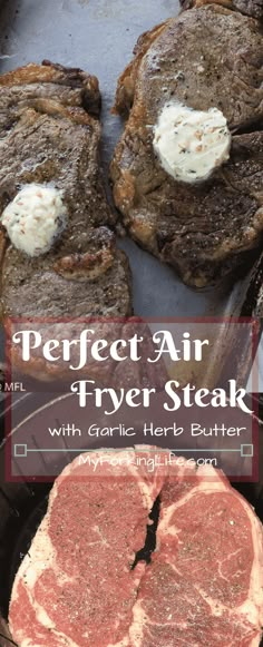 the steaks are being grilled and ready to be served with garlic herb butter